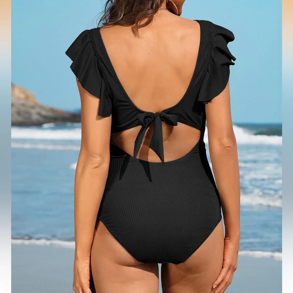 Maternity Swimsuit One Piece High Waisted Pregnancy Bathing Suits Swimwear Black - Picture 2 of 7
